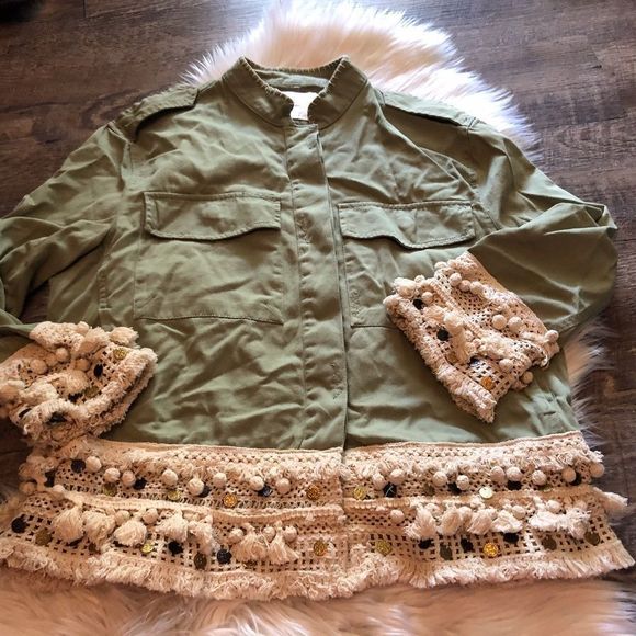 Zara Fringe Tassel Coin Parka Green Embellished - Picture 2 of 6